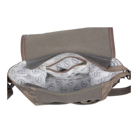 Myra Bag Handmade Wildest  Messenger Bag Upcycled Canvas & Cowhide Leather - Picture 8 of 9